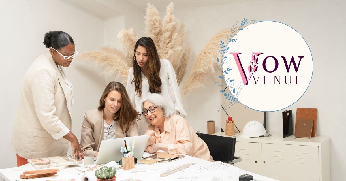 Three ladies collaborating while looking at the same laptop, discussing strategies to book more weddings and grow their wedding venue business.